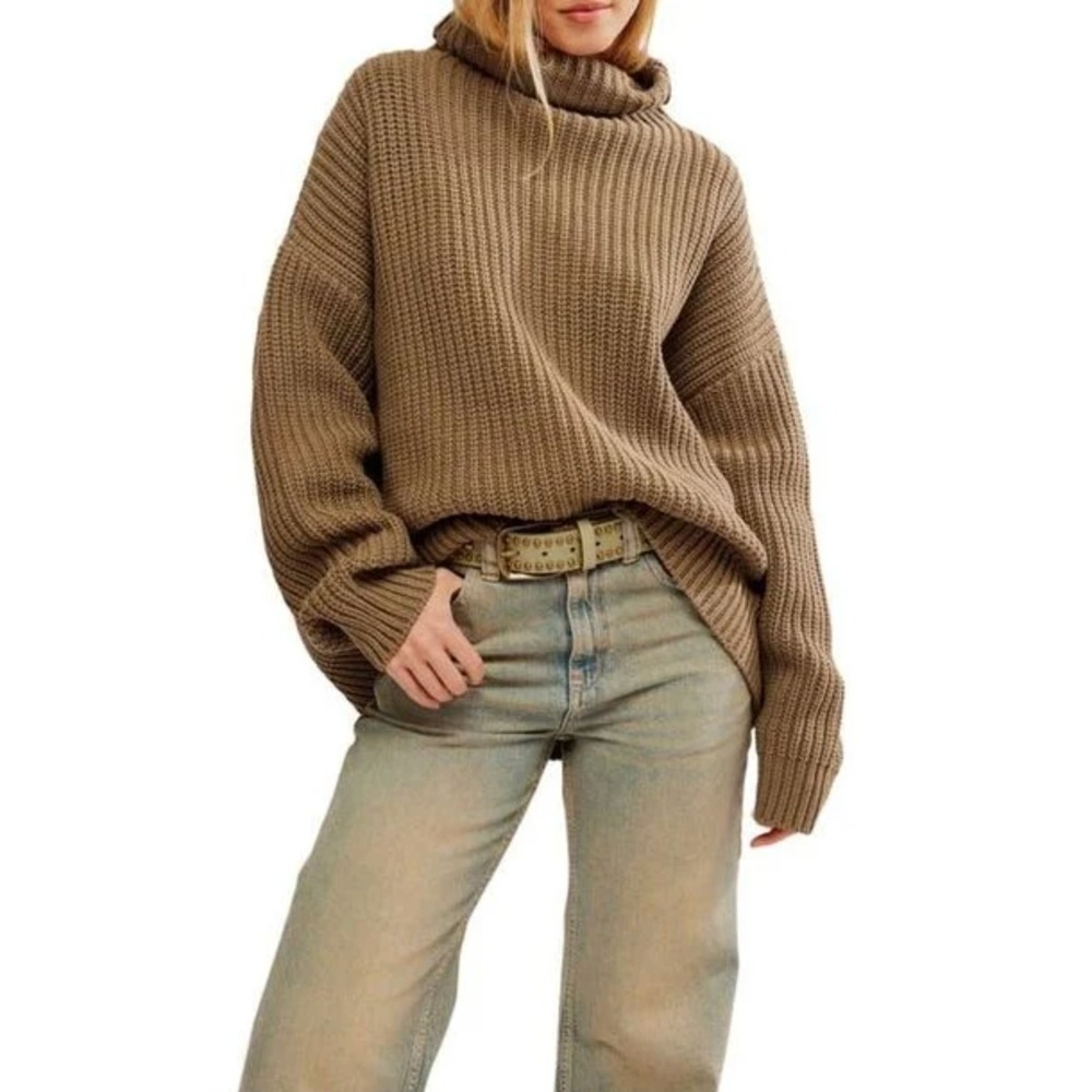 Free People Swim Too Deep Sweater Small Brown Oversized Mock Neck Chunky Cabin